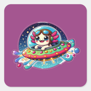 UFO Happy Axolotl Quadratischer Aufkleber
