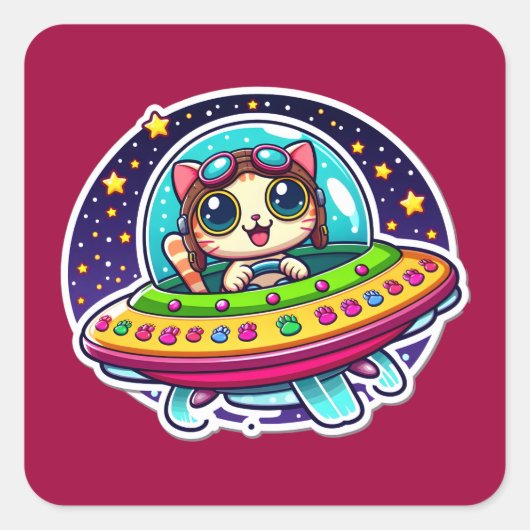 UFO Happy Cat Quadratischer Aufkleber (Vorderseite)
