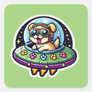 UFO Happy Dog Quadratischer Aufkleber
