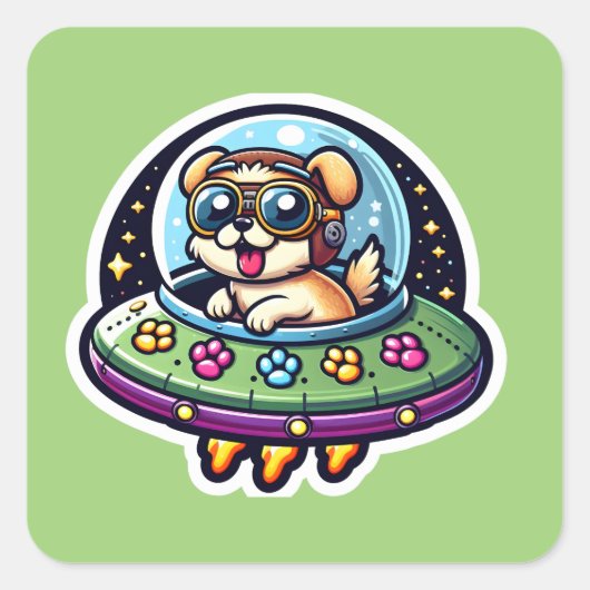 UFO Happy Dog Quadratischer Aufkleber (Vorderseite)
