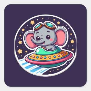 UFO Happy Elephant Quadratischer Aufkleber