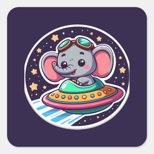 UFO Happy Elephant Quadratischer Aufkleber (Vorderseite)