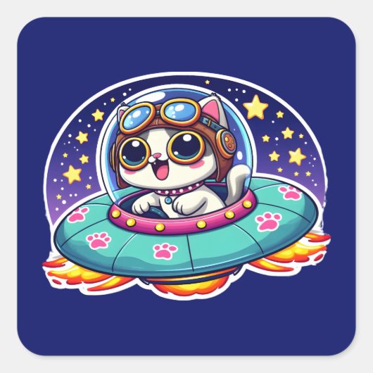 UFO Happy Kitty Quadratischer Aufkleber (Vorderseite)