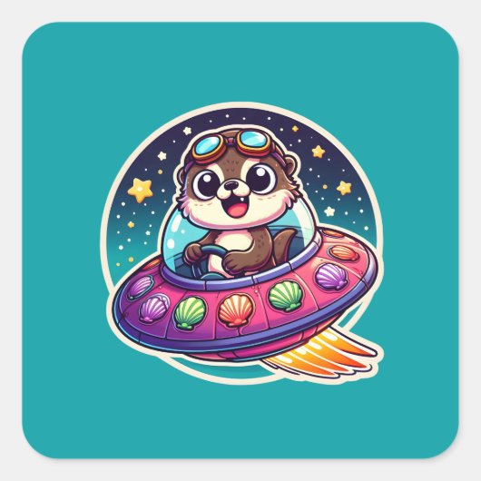 UFO Happy Otter Quadratischer Aufkleber (Vorderseite)