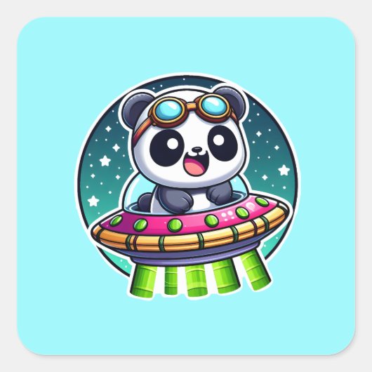 UFO Happy Panda Quadratischer Aufkleber (Vorderseite)