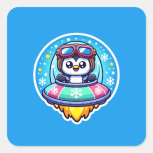 UFO Happy Penguin Quadratischer Aufkleber