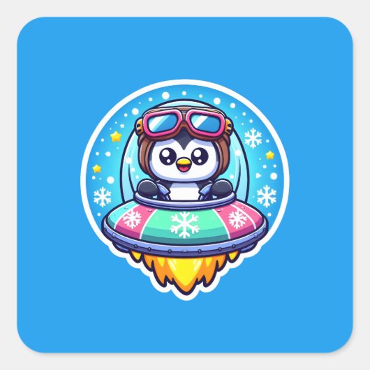 UFO Happy Penguin Quadratischer Aufkleber (Vorderseite)