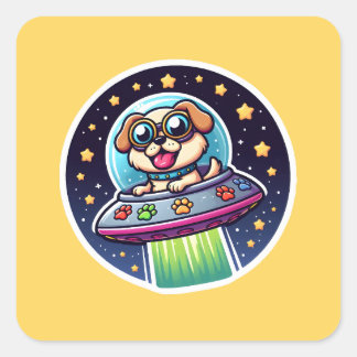 UFO Happy Puppy Quadratischer Aufkleber