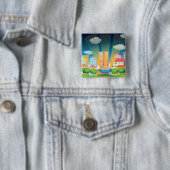 UFO Landing in a Bright City Night Scene Button (Beispiel)