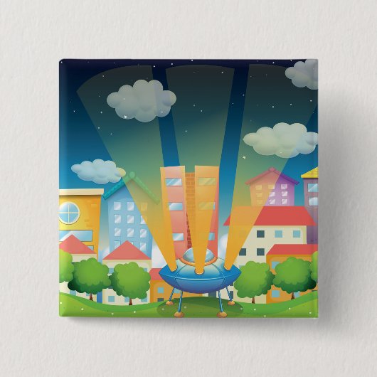 UFO Landing in a Bright City Night Scene Button (Vorderseite)