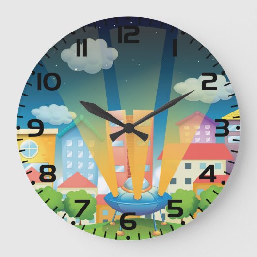 UFO Landing in a Bright City Night Scene Große Wanduhr (Vorderseite)