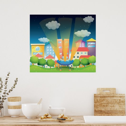 UFO Landing in a Bright City Night Scene Poster (Küche)