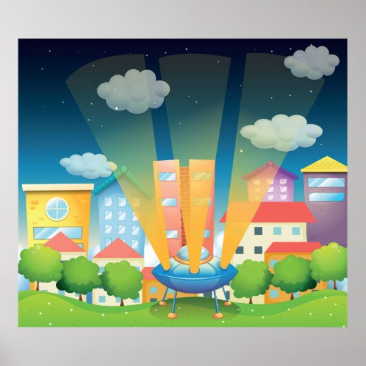 UFO Landing in a Bright City Night Scene Poster (Vorne)