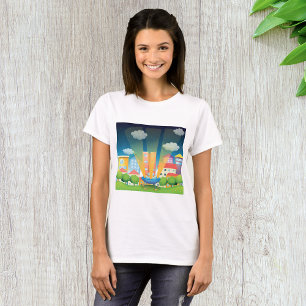 UFO-Landung in einer hellen Stadt-Nachtszene T-Shirt