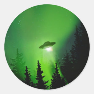 UFO mit Nordlicht Runder Aufkleber