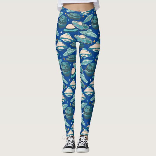 UFO Muster Retro Stil. Blue BG Leggings (Vorderseite)