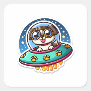 UFO Niedlicher Hund Quadratischer Aufkleber
