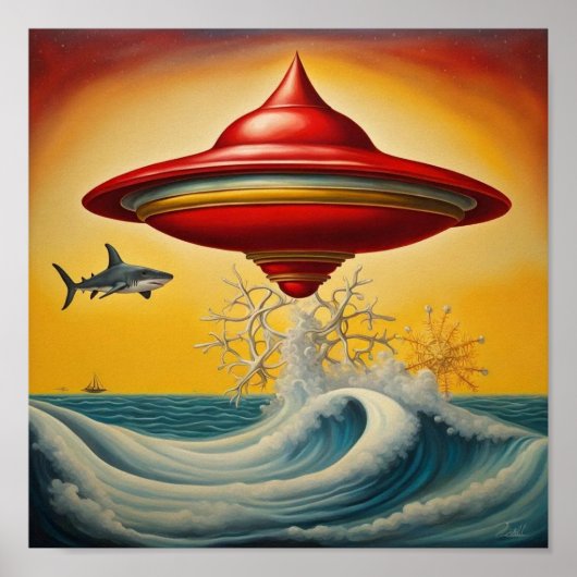 Ufo Over Waves Wall Poster (Vorne)