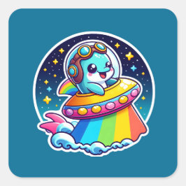 UFO Rainbow Dolphin Quadratischer Aufkleber