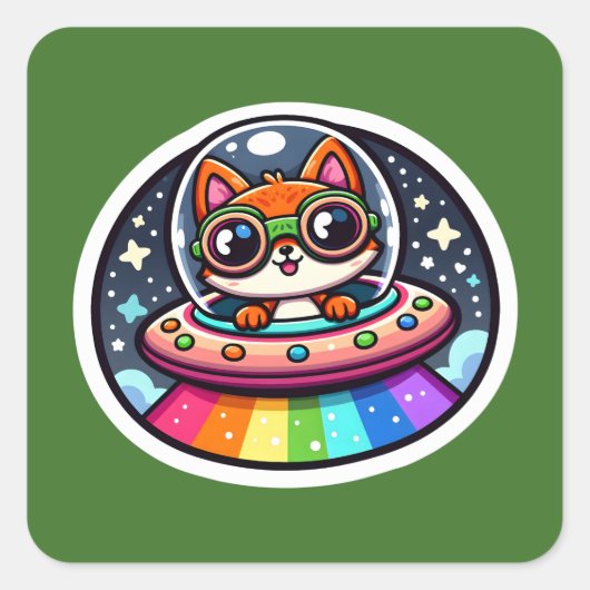 UFO Rainbow Fox Quadratischer Aufkleber (Vorderseite)