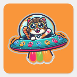 UFO Rainbow Kitty Quadratischer Aufkleber