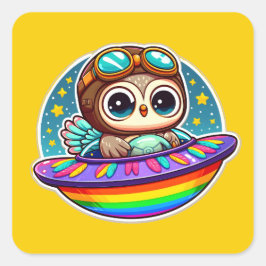 UFO Rainbow Owl Quadratischer Aufkleber