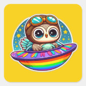 UFO Rainbow Owl Quadratischer Aufkleber (Vorderseite)
