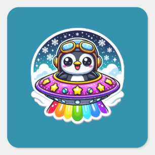 UFO Rainbow Penguin Quadratischer Aufkleber