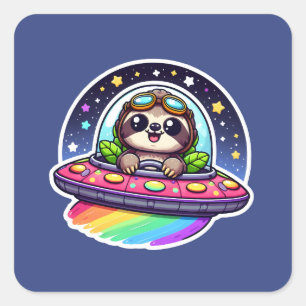 UFO Rainbow Sloth Quadratischer Aufkleber