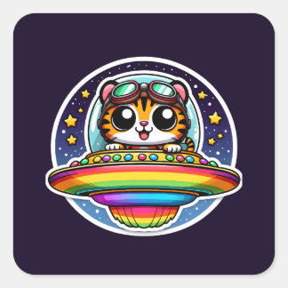 UFO Rainbow Tiger Quadratischer Aufkleber