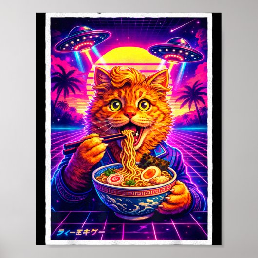 Ufo Ramen Katze Meme Retro Synthwave 80er Grafik Poster (Vorne)