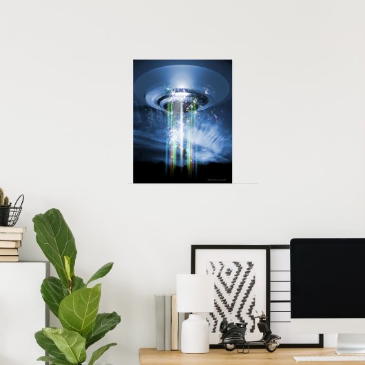 UFO schweben über der Erde, während er Menschen en Poster (Heimbüro)