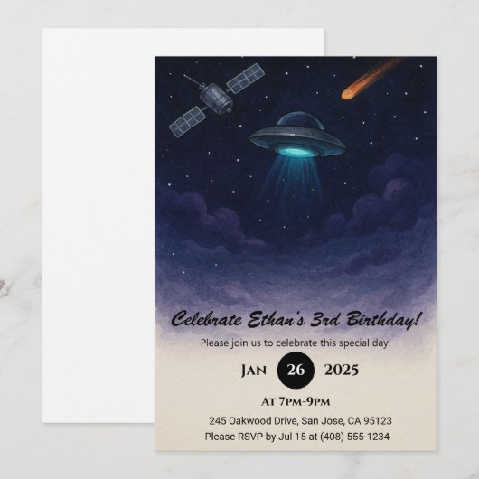 UFO Space Geburtstag Einladung (Vorne/Hinten)