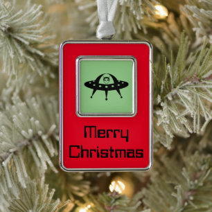 UFO und Alien im Weltraum Rahmen-Ornament Silber