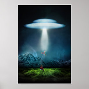UFO und Kind auf dem Gebiet am Nachtplakat Poster