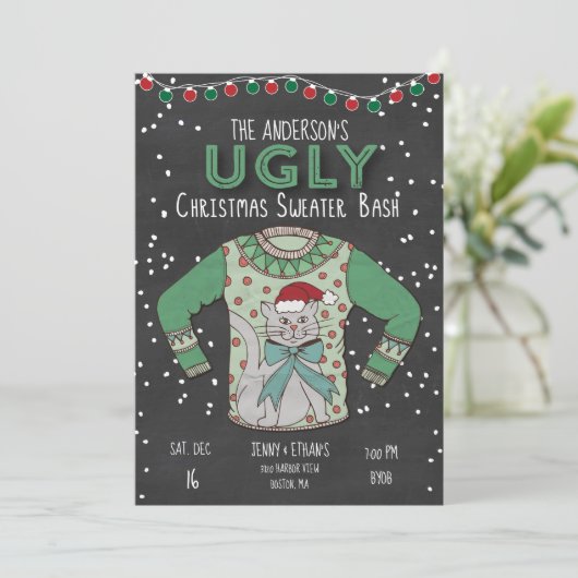 Uganda Christmas Sweater Party Einladung - Katze (Stehend Vorderseite)