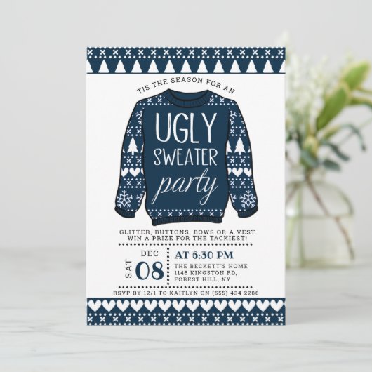 Ugary Navy Blue Christmas Sweater Holiday Party Einladung (Stehend Vorderseite)