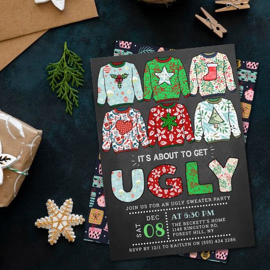 Ugg Christmas Sweater Chalkboard Holiday Party Einladung