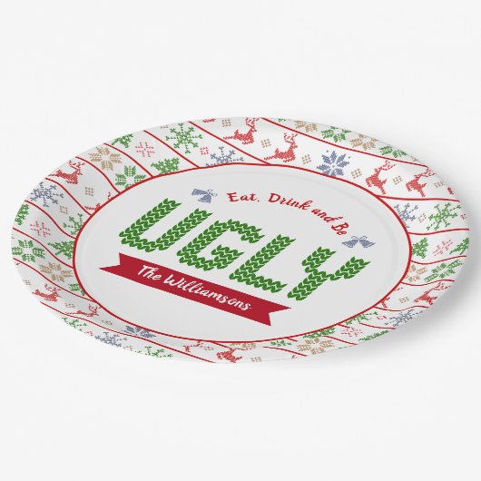 Ugg Christmas Sweater Nordic Red Green Strick Name Pappteller (Schrägansicht)