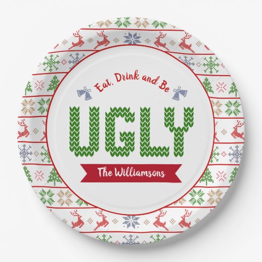 Ugg Christmas Sweater Nordic Red Green Strick Name Pappteller (Vorderseite)