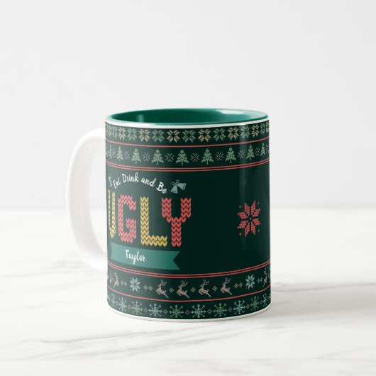 Ugg Christmas Sweater Nordic Strick Ihr Name Grün Zweifarbige Tasse (Vorderseite Links)