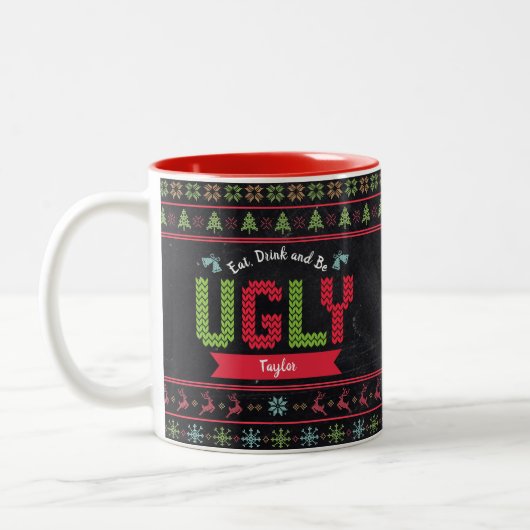 Ugg Christmas Sweater Nordic Strick Name Chalkboar Zweifarbige Tasse (Links)