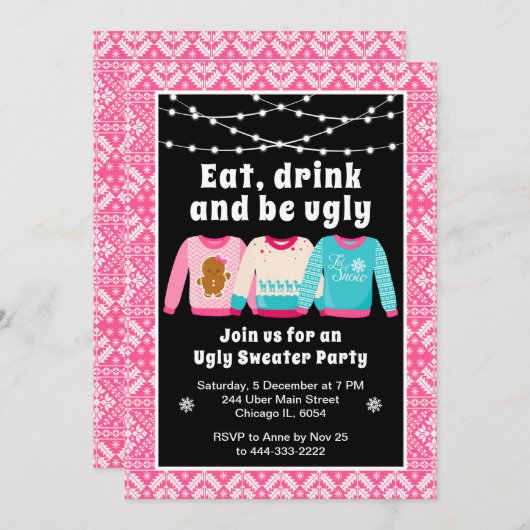 Ugg Christmas Sweaters Holiday Party Pink Einladung (Vorne/Hinten)