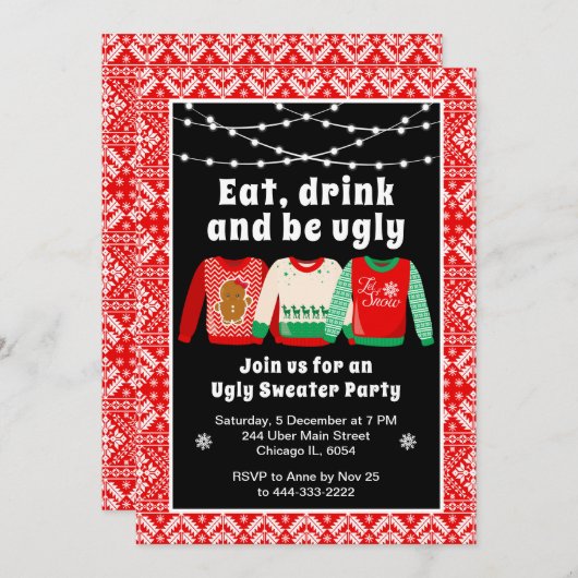 Ugg Christmas Sweaters Holiday Party Red Einladung (Vorne/Hinten)