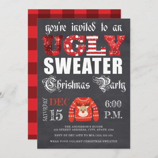 Ugg Sweater Christmas Party Chalkboard Red Einladung (Vorne/Hinten)