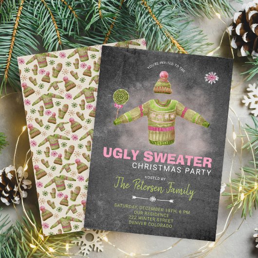 Ugg Sweater Christmas Party Pink Black Chalkboard Einladung