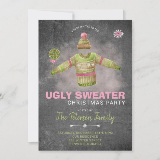 Ugg Sweater Christmas Party Pink Black Chalkboard Einladung (Vorderseite)