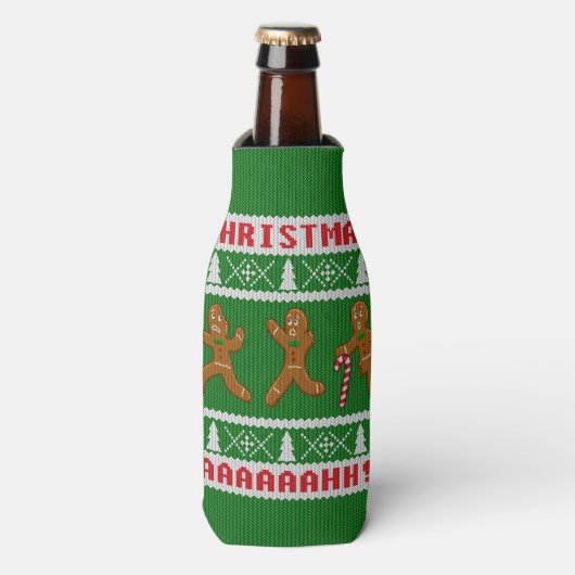 Ugg Weihnachts Sweater Scared Gingerbreadmen Grün Flaschenkühler (Flaschenvorderseite)