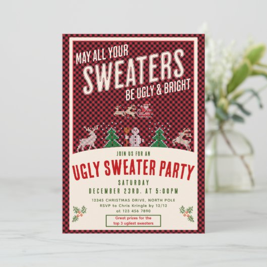 Ugi & Bright Christmas Sweater Contest Xmas Party Einladung (Stehend Vorderseite)