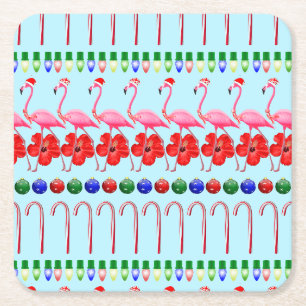 Ugi Christmas Tropical Pink Flamingos auf Light Bl Rechteckiger Pappuntersetzer